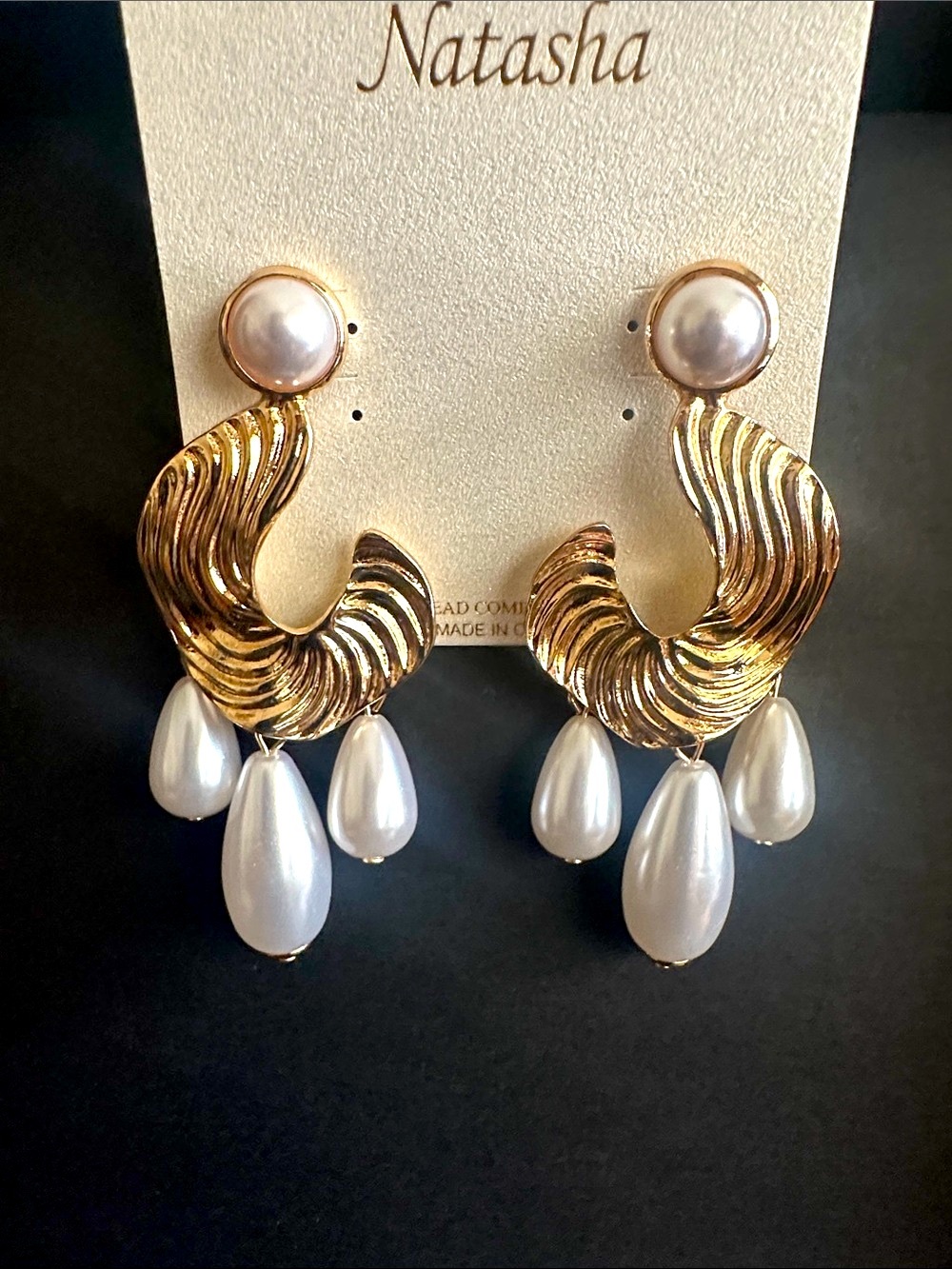 Natasha Couture Gold-Tone Swirl Drop Earrings with White Pearl Teardrops